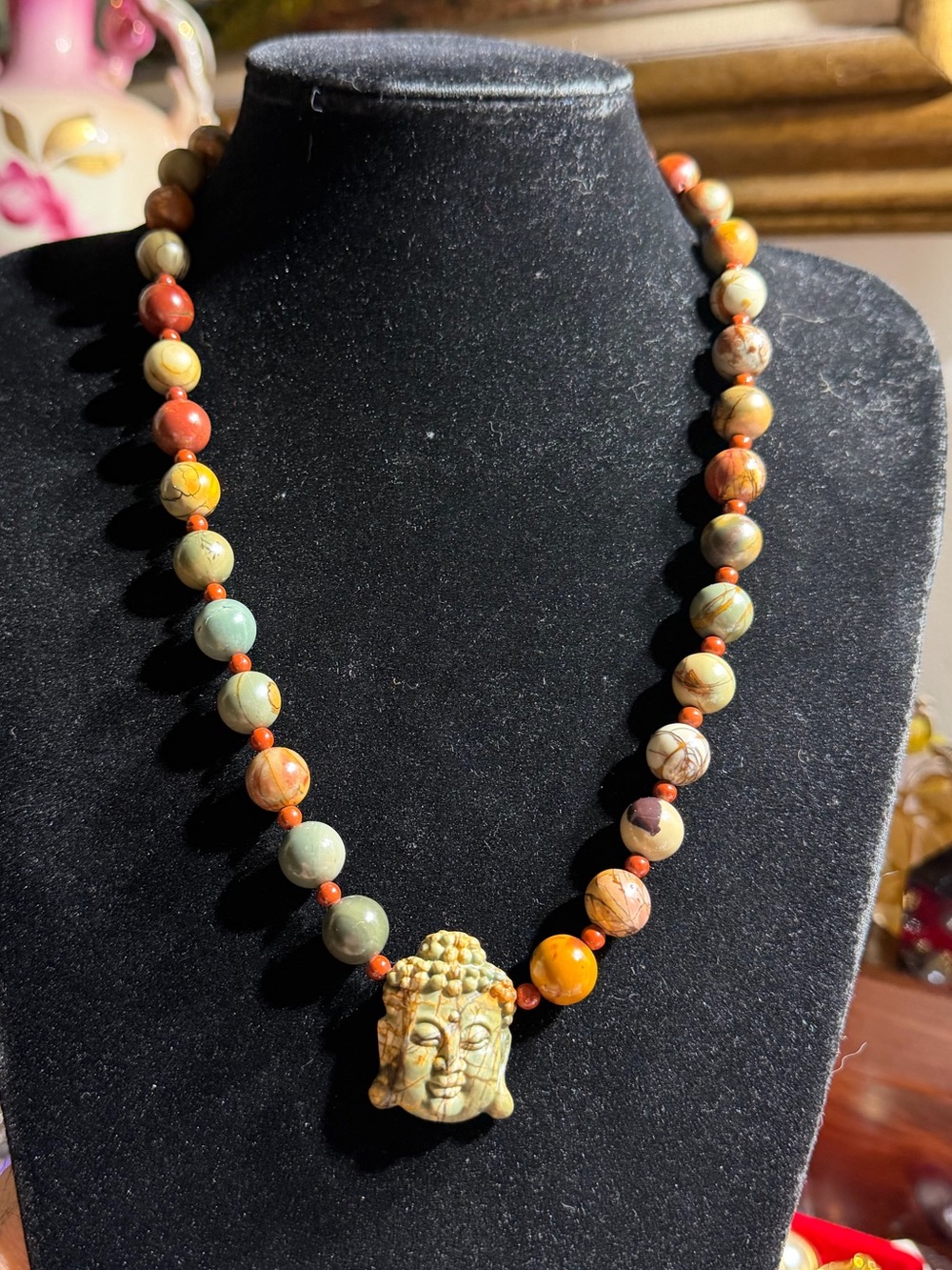Vintage Handcrafted Multicolor Jasper Bead Buddha Pendant Necklace